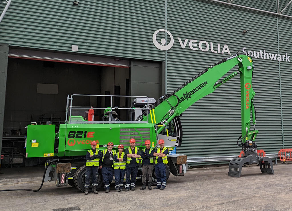 Veolia introduces their first electric Sennebogen 821M Series E 2023 Material Handler in the