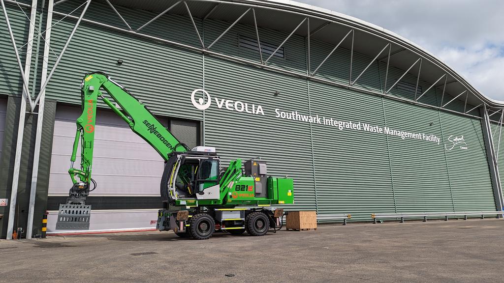 Veolia introduces their first electric Sennebogen 821M Series E 2023 Material Handler in the